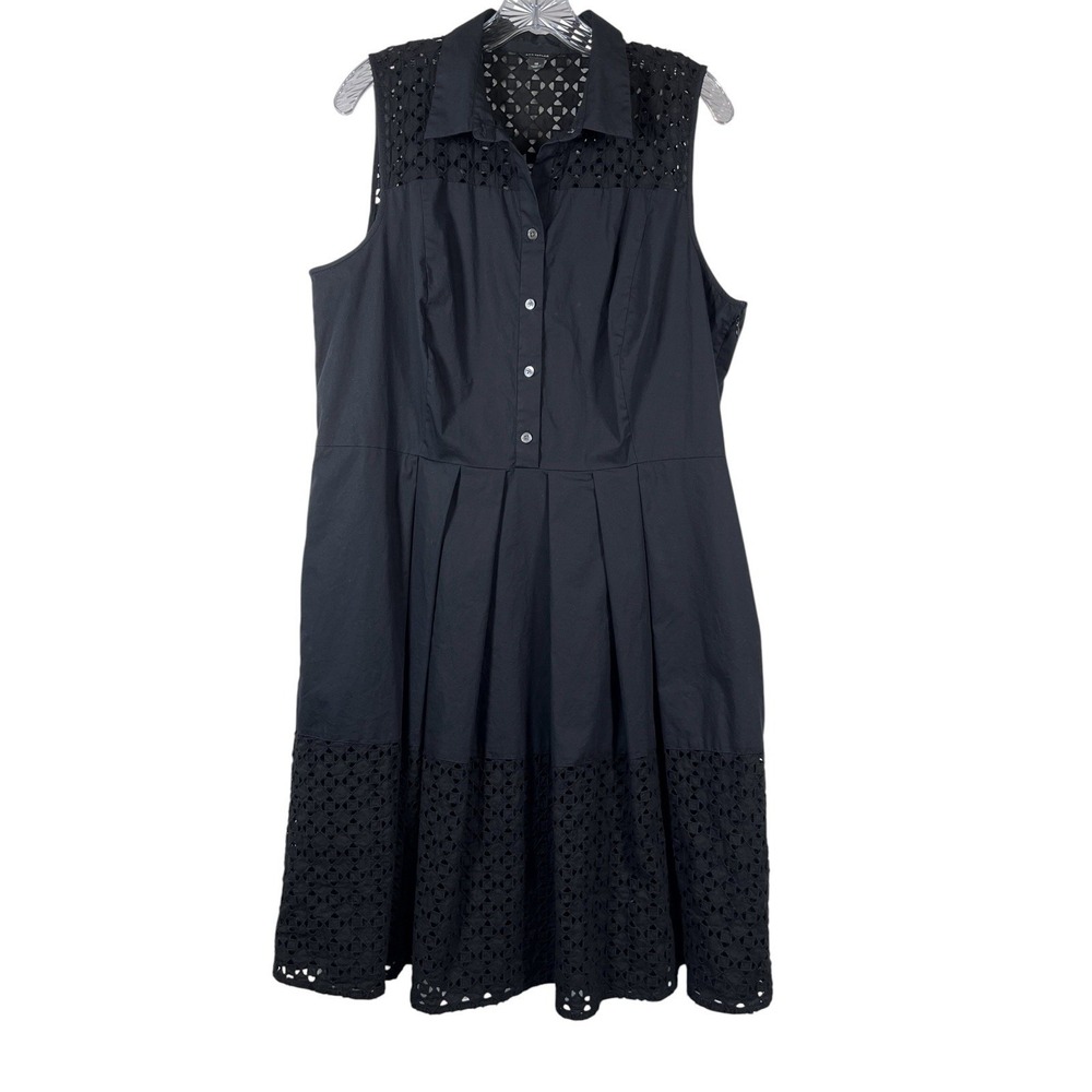 ANN TAYLOR Sz 18‎ Dress Black Eyelet Hem Cut Out Shirtdress Fit Flare Button Up